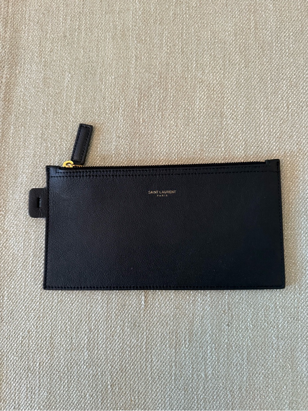 Saint Laurent Black Leather Slim Zip Card Pouch with Gold Hardware